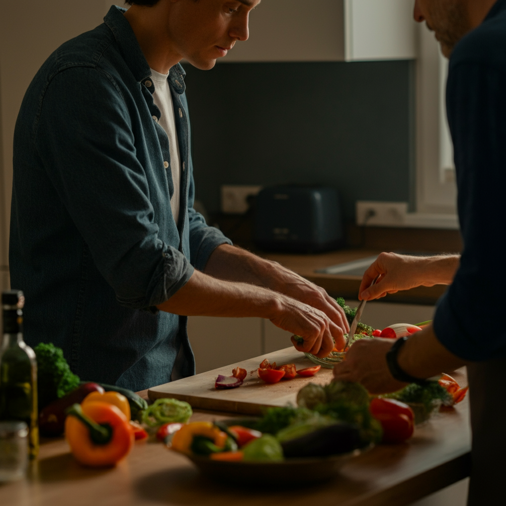 Family working together in the kitchen, preparing a meal. Natural light highlights the vibrant colors of the vegetables and the collaborative energy of the scene.