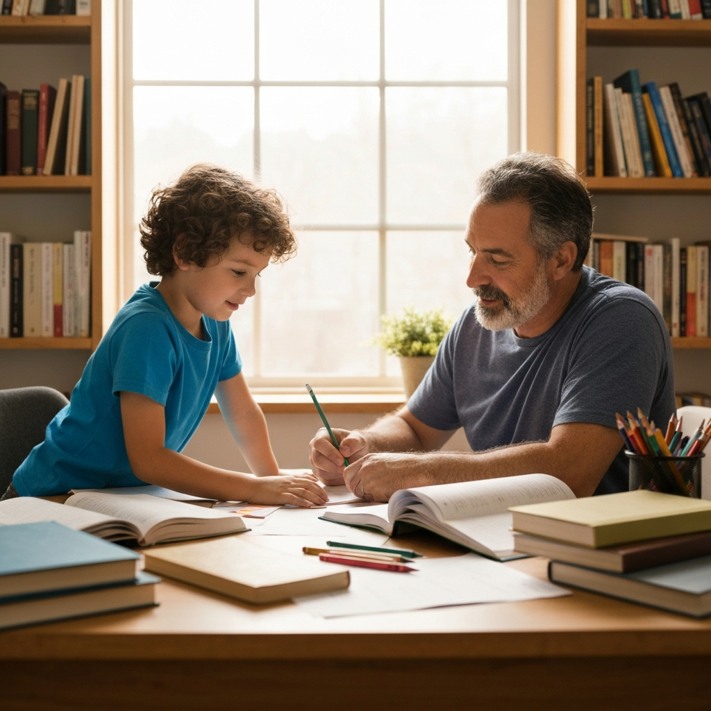 Father helping his child with homework at a desk cluttered with books and papers. The warm afternoon light creates a cozy atmosphere, emphasizing patience and encouragement over perfection.