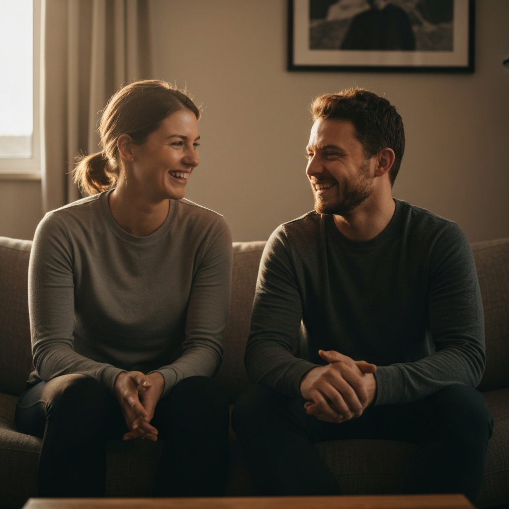 Two friends sitting on a comfortable sofa, talking and laughing. Soft, ambient light illuminates their faces, creating a sense of intimacy and shared understanding.