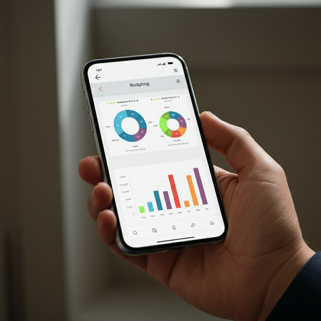Close-up of a hand holding a smartphone, with a budgeting app displaying colorful charts and graphs showing spending categories. The screen has a slight glare reflecting ambient light.