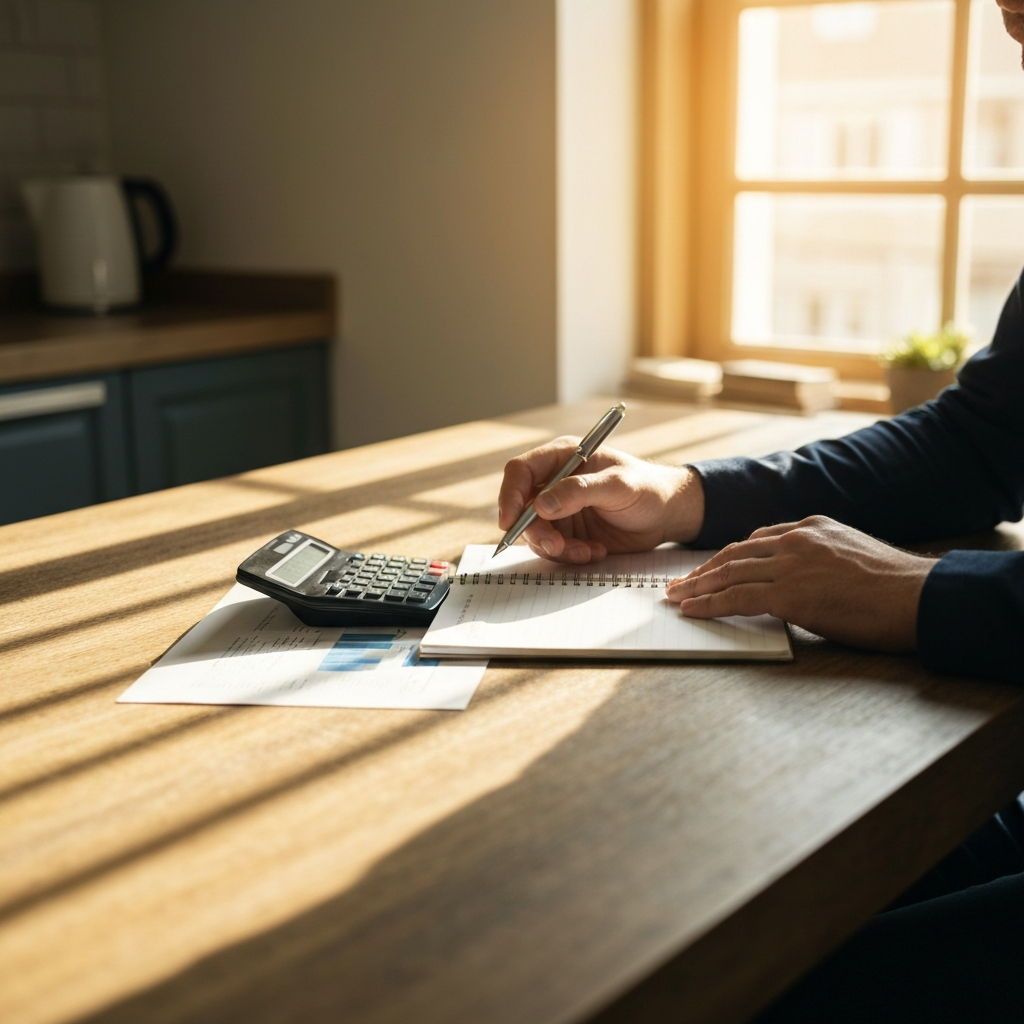 A person sitting at a kitchen table, using a calculator and notepad to review budget figures. The table has a textured wooden surface, and sunlight streams in through a nearby window, creating a warm, inviting atmosphere.