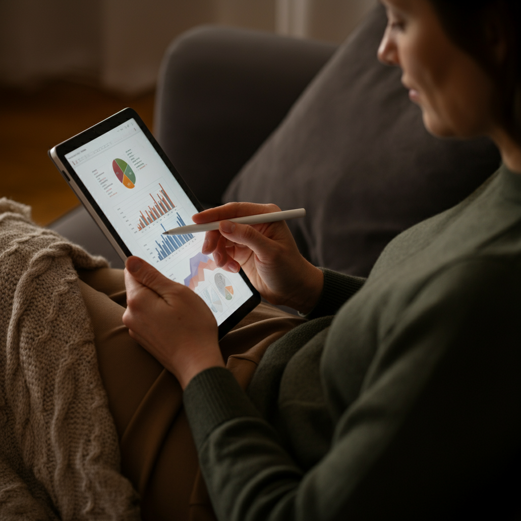 A person reviewing a budget on a tablet device, sitting comfortably on a sofa with a knitted blanket draped over the back. The lighting is soft and diffused, creating a relaxed atmosphere.