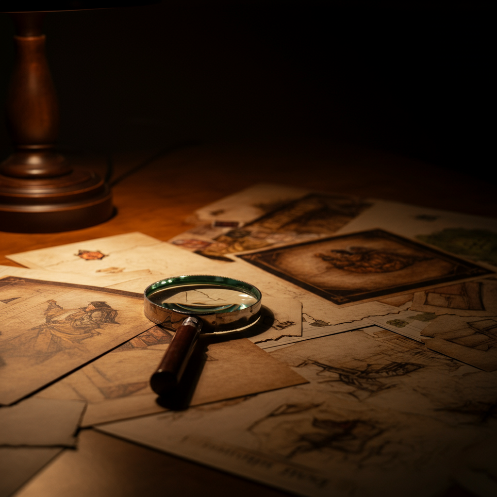 A close-up shot of various printed character sheets spread across a wooden table, lit by warm, inviting lamp light. Soft focus on a magnifying glass resting on one of the sheets, highlighting the texture of the paper and ink.