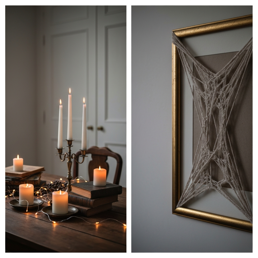 A dimly lit dining room with soft, warm lighting from candles and string lights. Tablescape features repurposed vintage items like old books and antique candlesticks. A close-up on a DIY cobweb made from yarn draped across a picture frame.