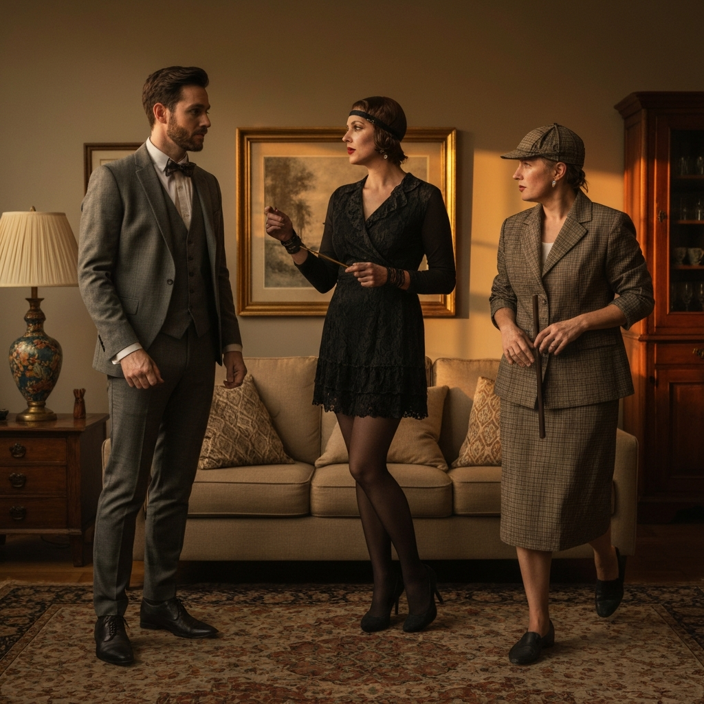 Three guests, dressed in character costumes (Victorian gentleman, flapper girl, detective), interacting in a warmly lit living room. Costumes are comprised mostly of repurposed or thrifted clothing, with attention to character-specific accessories.