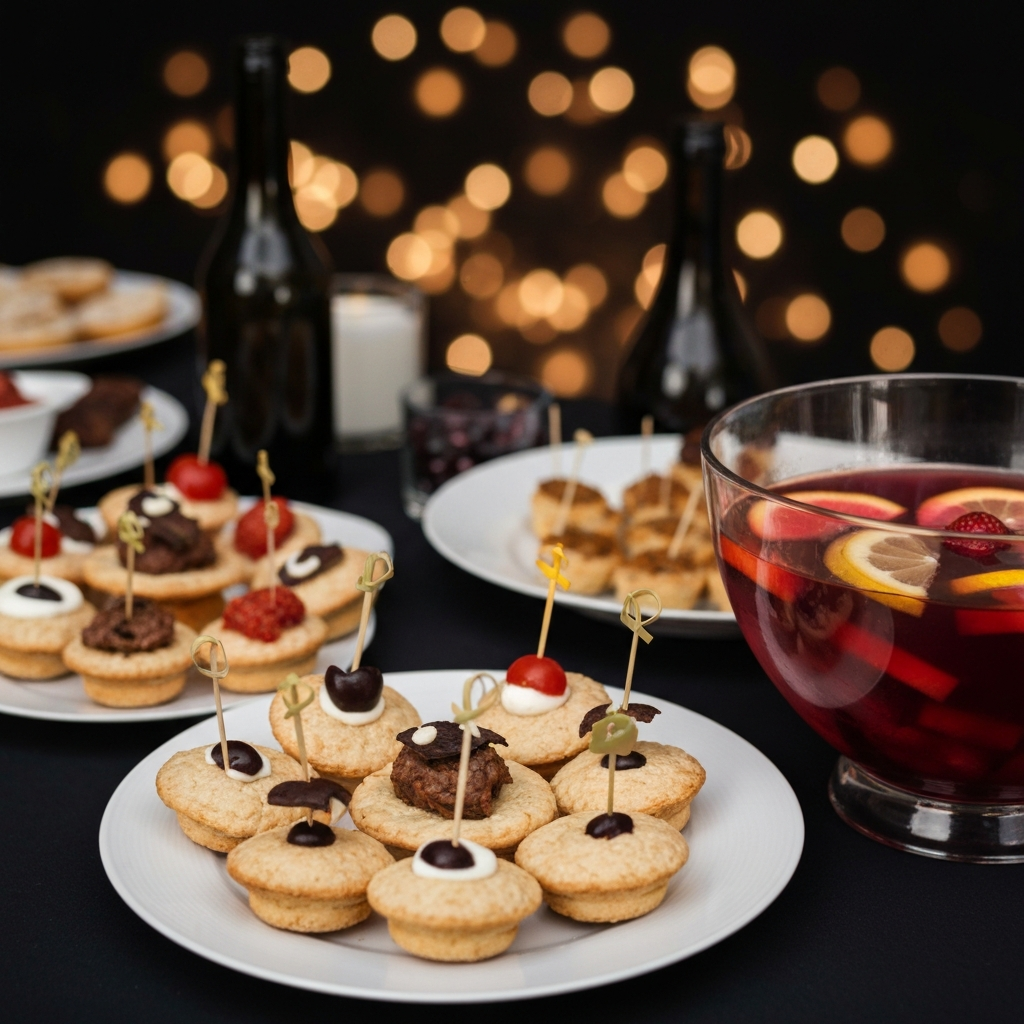 A buffet table laden with thematic, homemade dishes. Close-up on a creatively decorated plate of "finger foods" and a punch bowl filled with "bloody punch," garnished with fruit. Soft bokeh creates a festive atmosphere.
