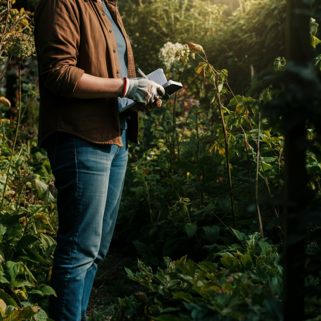 Wide shot of a person in gardening gloves and jeans standing in an overgrown garden, notepad in hand, sunlight filtering through dense foliage, creating dappled shadows.