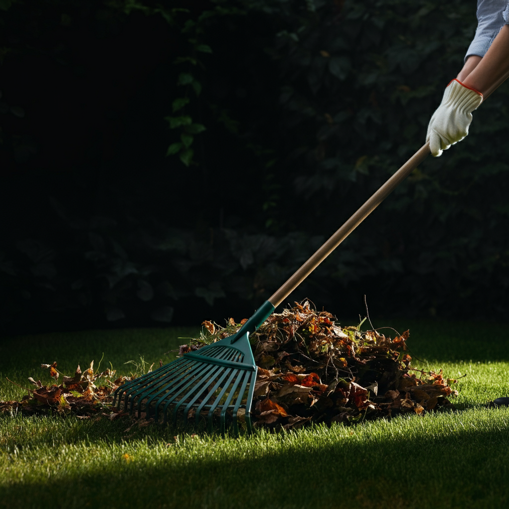 Close-up of gloved hands raking fallen leaves and twigs into a pile on a lush green lawn, soft bokeh effect on background foliage.