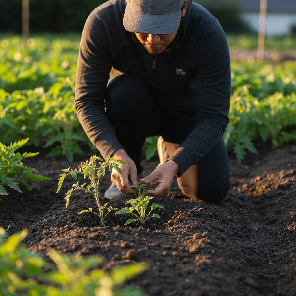 Medium shot of a person kneeling in a garden bed, carefully pulling weeds from around a young tomato plant, early morning golden hour lighting.