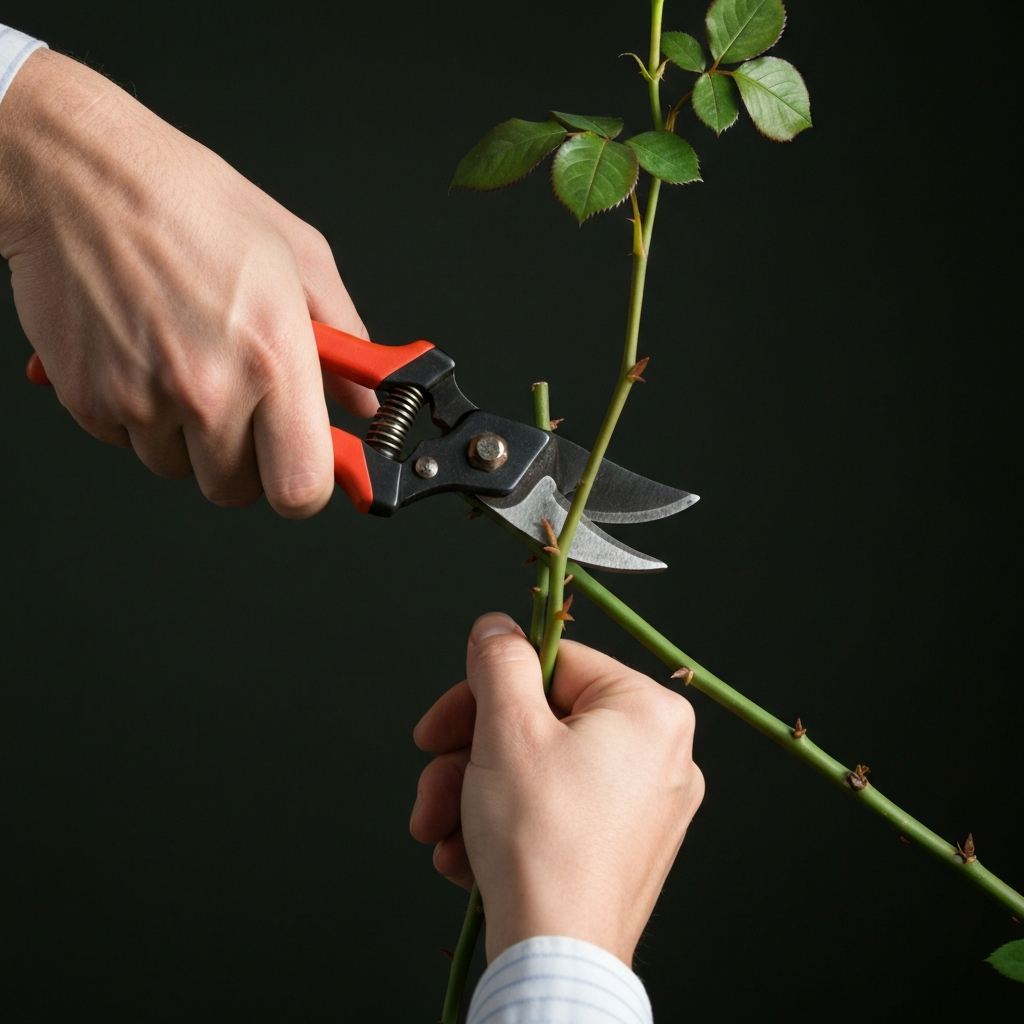 A gardener using pruning shears to trim a rose bush, focusing on the intersection of branch and stem, with side-lit textures.