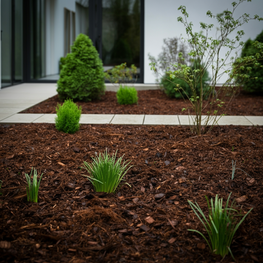 Medium shot of a freshly mulched garden bed with various plants emerging, showcasing the uniform texture and color of the mulch, overcast day.
