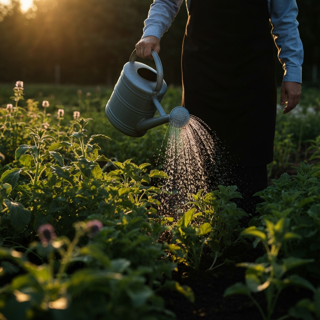 Gardener watering plants in a thriving garden using a watering can, golden hour lighting casting long shadows, showing healthy plant growth.