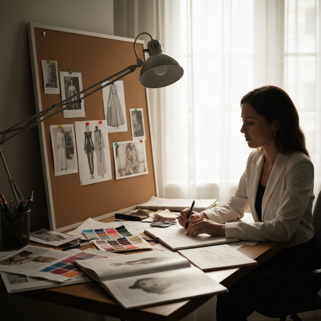 A woman sits at a desk covered with fashion magazines, fabric swatches, and a sketchbook. She's pinning images to a corkboard with soft, natural light filtering through a nearby window.