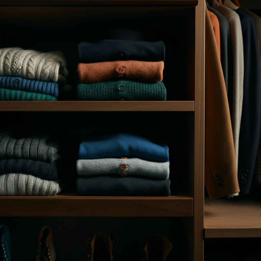A well-organized closet with clothes neatly arranged by color and category. Soft, diffused lighting highlights the textures of the different fabrics.