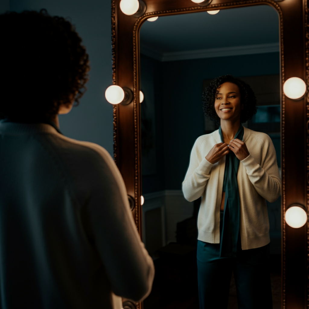 A woman looking in a full-length mirror, adjusting her outfit and smiling confidently. The room is filled with natural light and reflects her personal style.