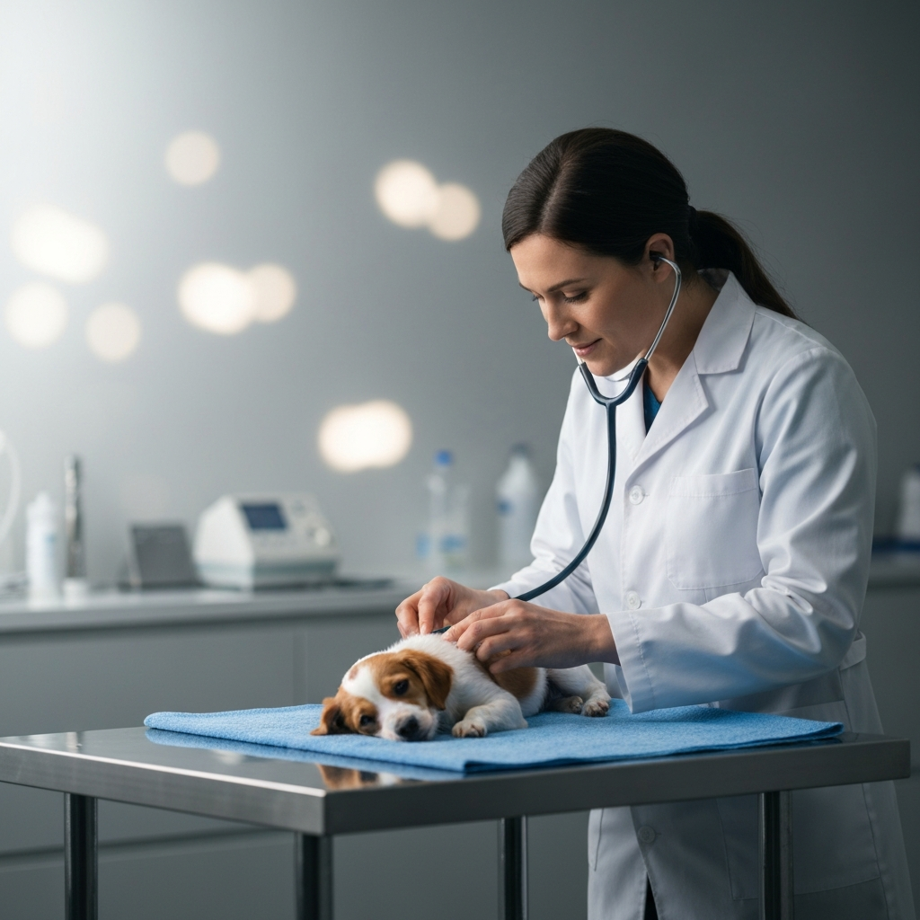 A veterinarian in a softly lit examination room, gently using a stethoscope on a small dog lying on a stainless steel table covered with a clean blue cloth. The veterinarian is wearing a white coat and has a compassionate expression. Soft bokeh background shows medical instruments.