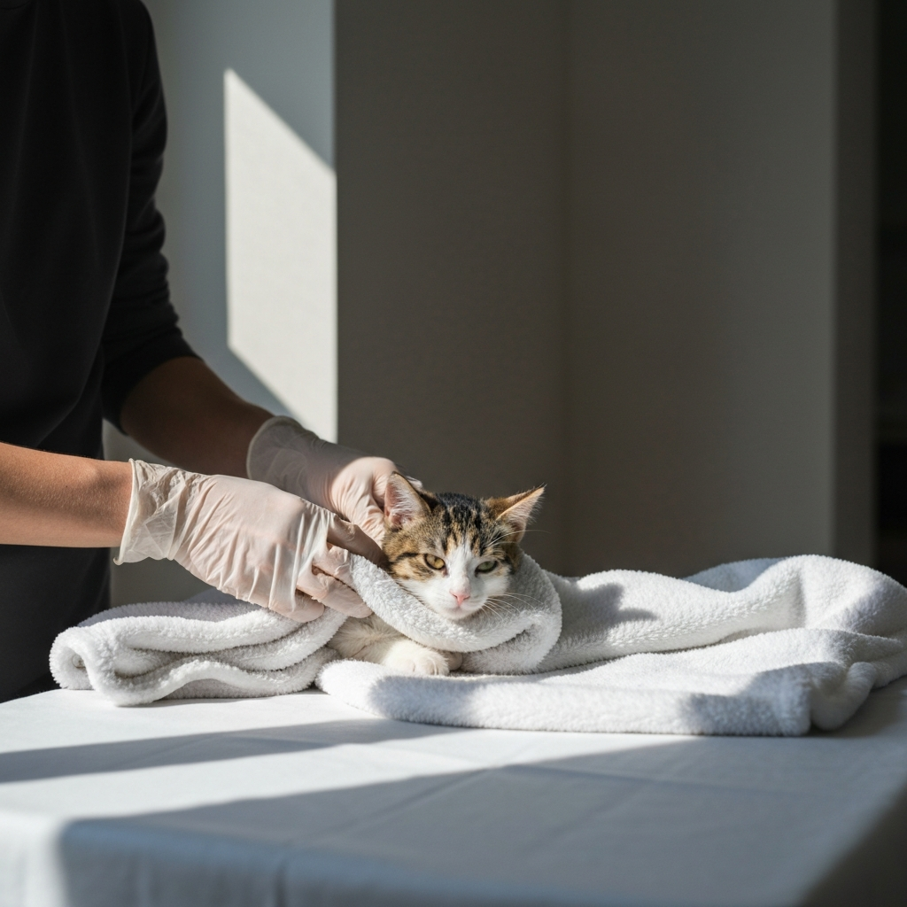A person wearing gloves gently wrapping a small cat in a soft, clean blanket. The cat is lying on a table covered with a white sheet. Natural light streams in from a nearby window, highlighting the texture of the blanket.