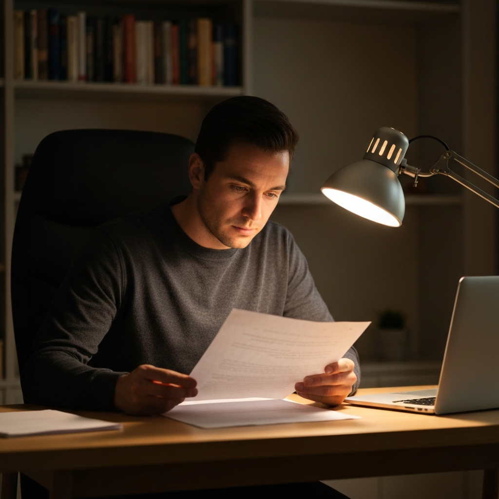 A person sitting at a desk, illuminated by a desk lamp, reviewing documents with a serious expression. A laptop sits open in front of them. Soft focus on the background with bookshelves.