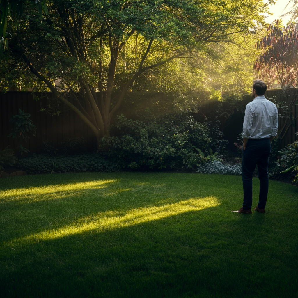 A wide shot of a backyard with lush green grass and mature trees, bathed in golden hour sunlight. A person stands in the distance, thoughtfully looking at a specific spot in the yard. Soft side-lighting emphasizes the textures of the leaves and grass.