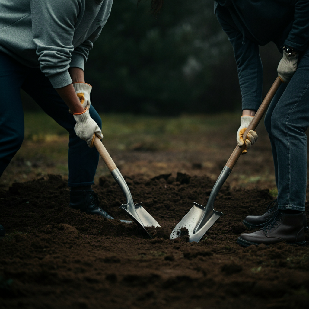 Two people working together to dig a hole in the ground with shovels. The soil is dark and rich. Overcast lighting provides even illumination. They are wearing work gloves and casual clothing.