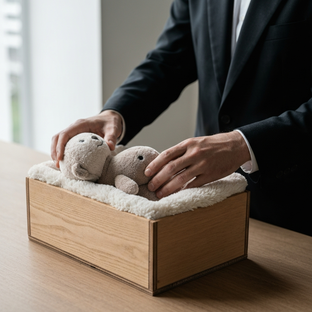 A close-up shot of a person's hands gently placing a soft toy inside a wooden box lined with a plush blanket. The box is made of unfinished wood with visible grain. Soft, diffused lighting creates a warm atmosphere.