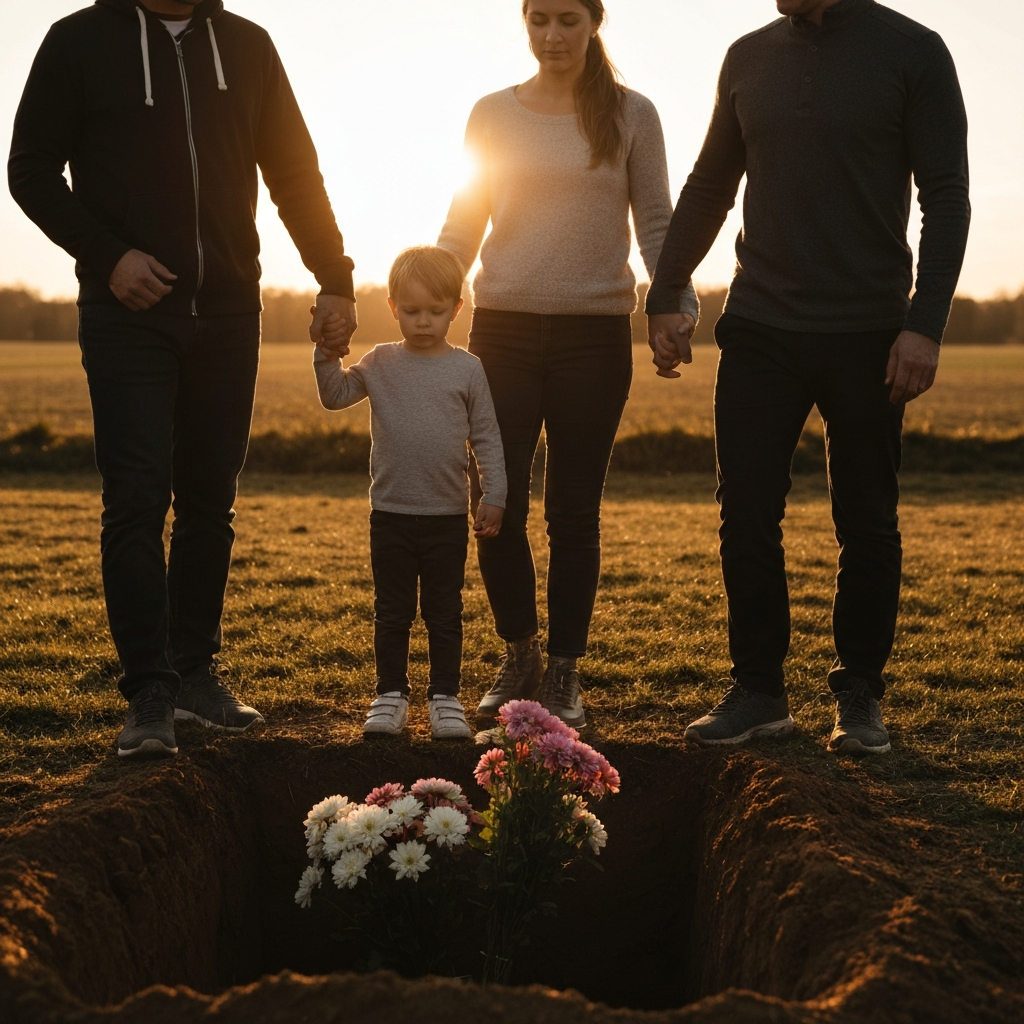 A family standing around a freshly dug grave, holding hands. They are dressed in respectful clothing. Soft, natural lighting from the setting sun creates a poignant atmosphere. The grave is decorated with flowers.