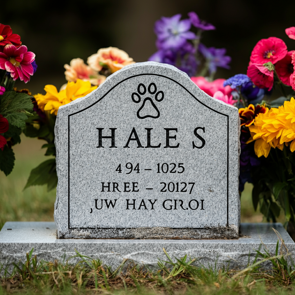 A close-up of a small headstone with a pet's name and dates engraved on it. The headstone is surrounded by colorful flowers. Soft, diffused light highlights the details of the engraving and the vibrant colors of the flowers.