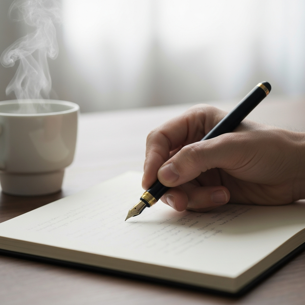 Close-up shot of a person's hand writing in a notebook with a fountain pen, the paper slightly textured, a cup of coffee steaming softly in the background, creating soft bokeh.