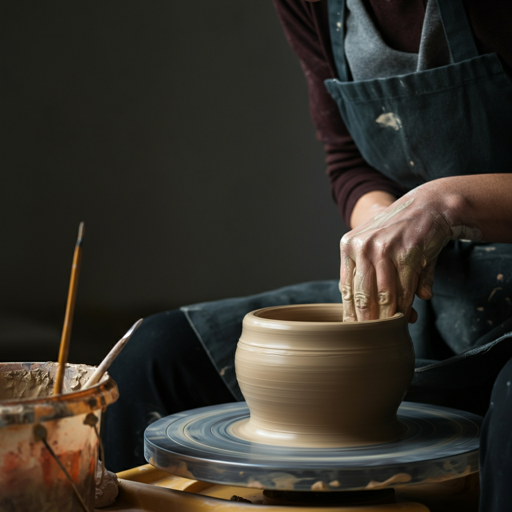 A pottery wheel in motion, the artist's hands shaping clay, studio lighting highlighting the texture of the clay and the artist's focused expression.