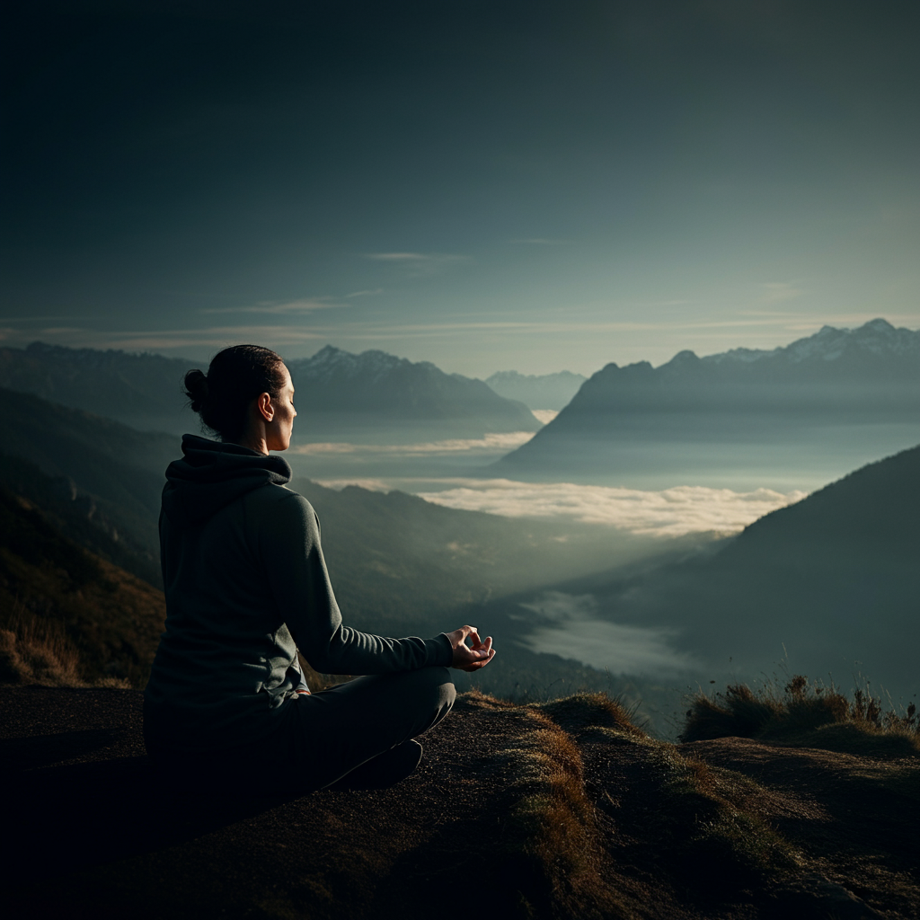 A person sitting in a meditative pose on a mountaintop overlooking a valley, mist rising in the distance, creating a sense of tranquility and vastness.