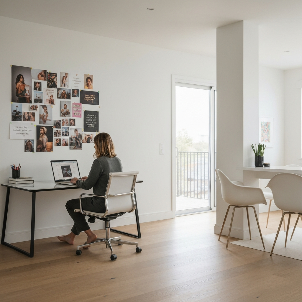 A person working on a laptop in a bright, modern home office, a vision board with inspiring images and quotes visible in the background, creating a sense of focused energy.
