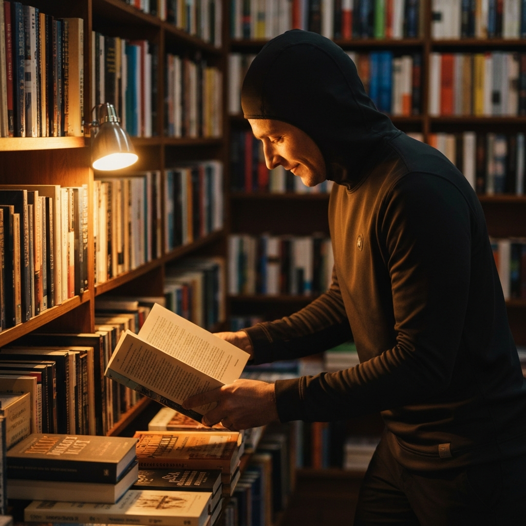 A person browsing books in a cozy bookstore, warm lighting highlighting the spines of the books and the person's engaged expression.
