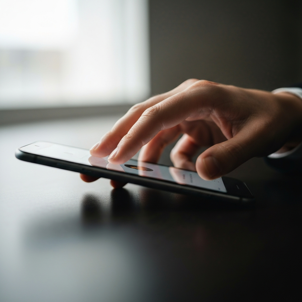 Close-up of a hand gently unfollowing a profile on a phone. Soft, diffused light coming from a nearby window illuminates the hand and phone screen. Focus on the gentle gesture and the texture of the phone's surface. The background is blurred, suggesting a calm, private space.