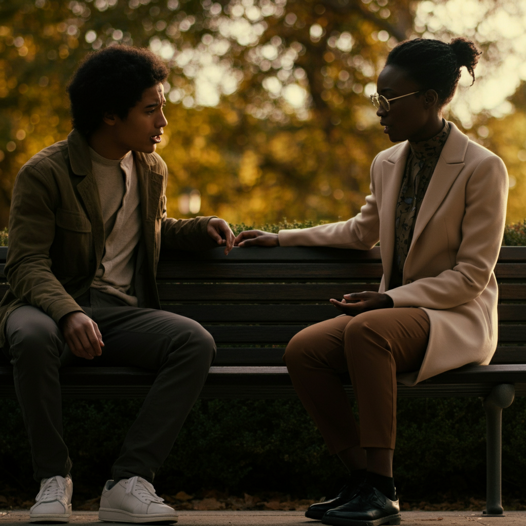Two friends sitting on a park bench, bathed in golden hour light. One friend is listening intently to the other, who is speaking with a slightly downcast expression. The scene conveys empathy and support. Soft bokeh in the background with blurred trees.