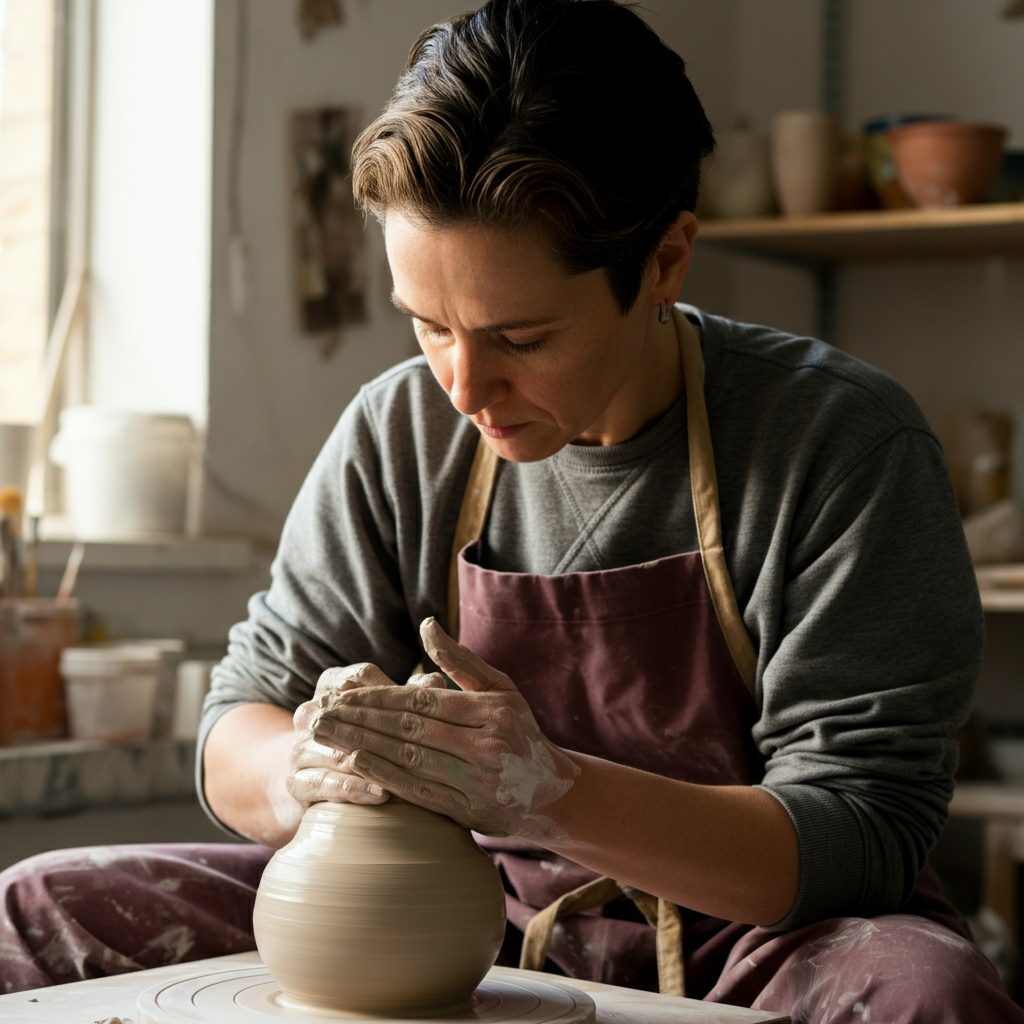 A person in a well-lit pottery studio, hands covered in clay. Natural light streams through the window, highlighting the textures of the clay and the focused expression on their face. The setting is clean and professional, suggesting a creative environment.