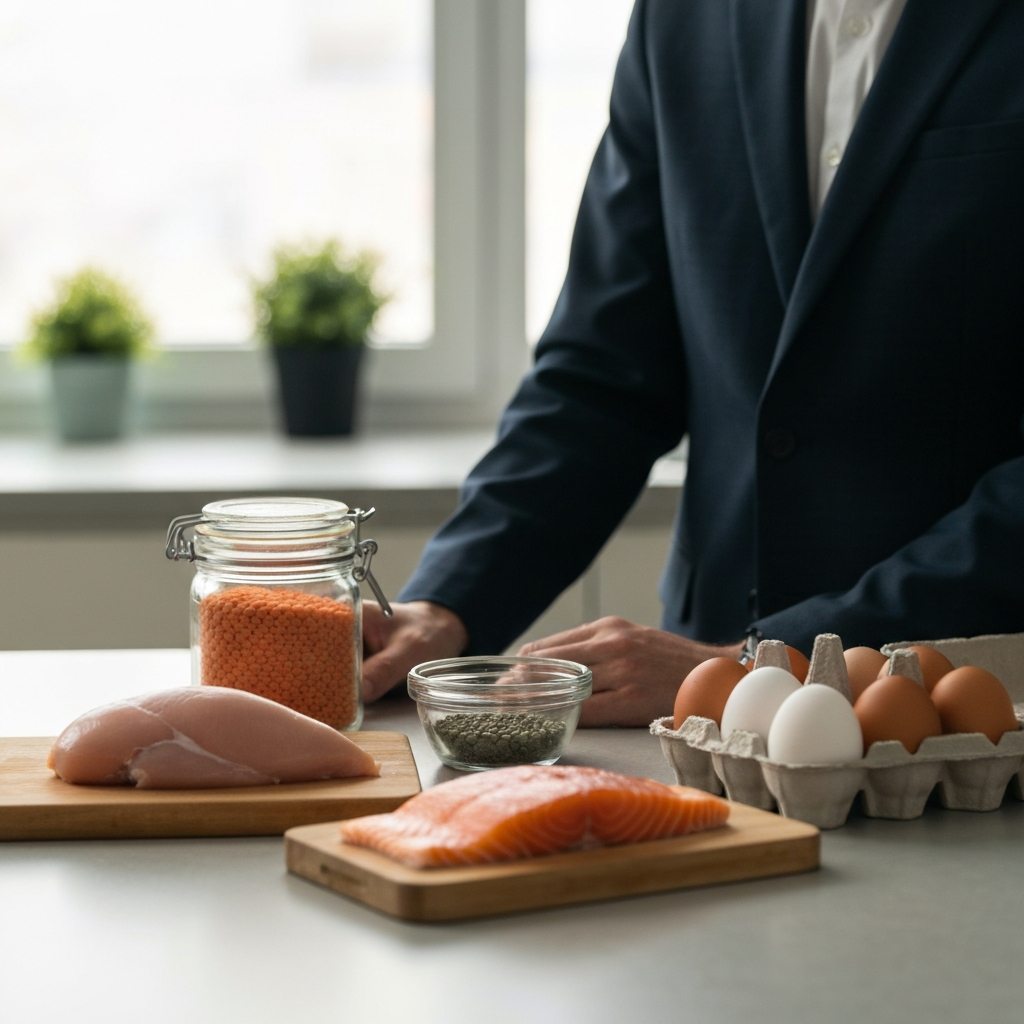 A well-lit kitchen counter with various protein sources neatly arranged: chicken breast, salmon fillet, lentils in a glass jar, and a carton of eggs. Soft bokeh in the background suggests a bright window.