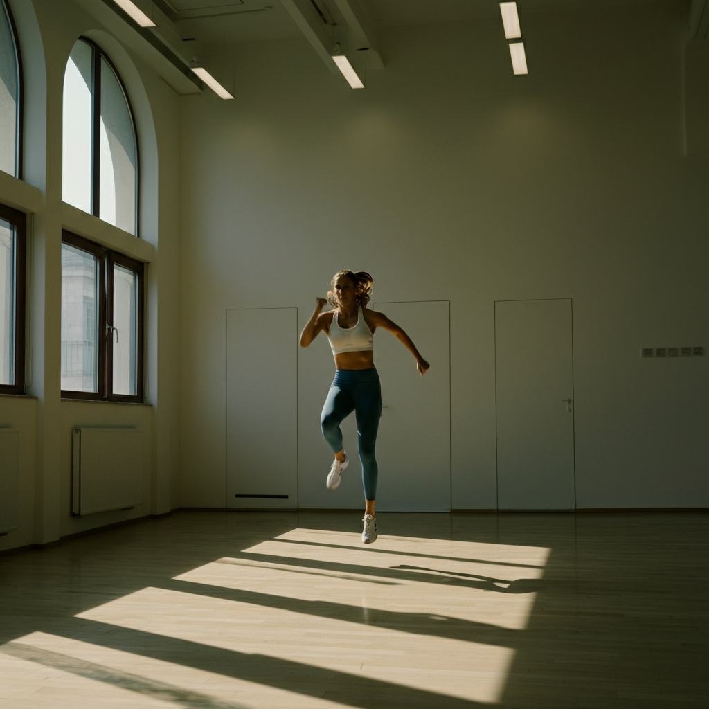 A gymnasium with a woman in athletic attire performing a jumping jack with focused determination. Natural light streams through large windows, casting long shadows.