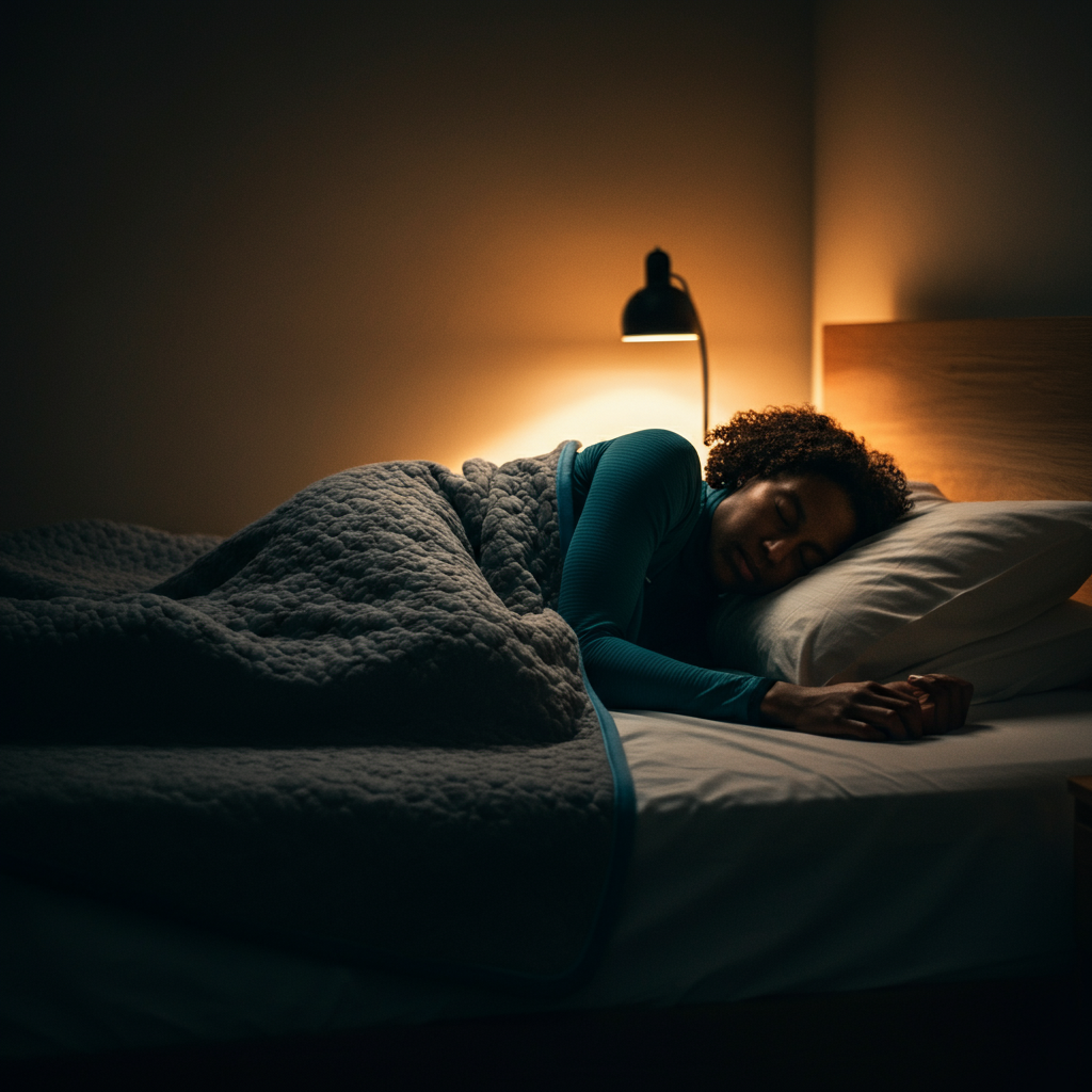 A dimly lit bedroom with a person peacefully sleeping under a soft blanket. The warm glow of a bedside lamp creates a cozy atmosphere.