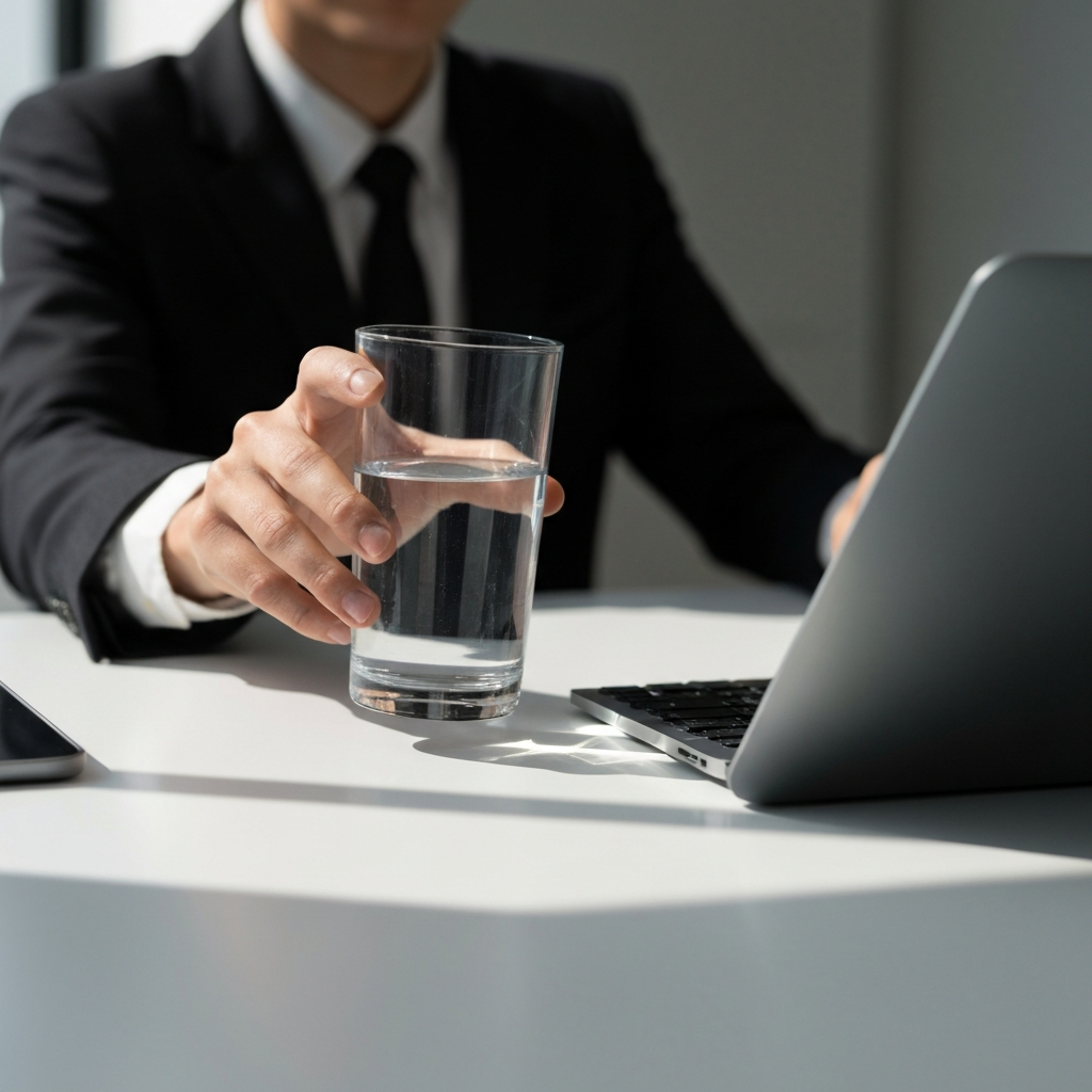 A person sitting at a desk in a modern office, reaching for a glass of water. Sunlight reflects off the glass, highlighting the clarity of the water.