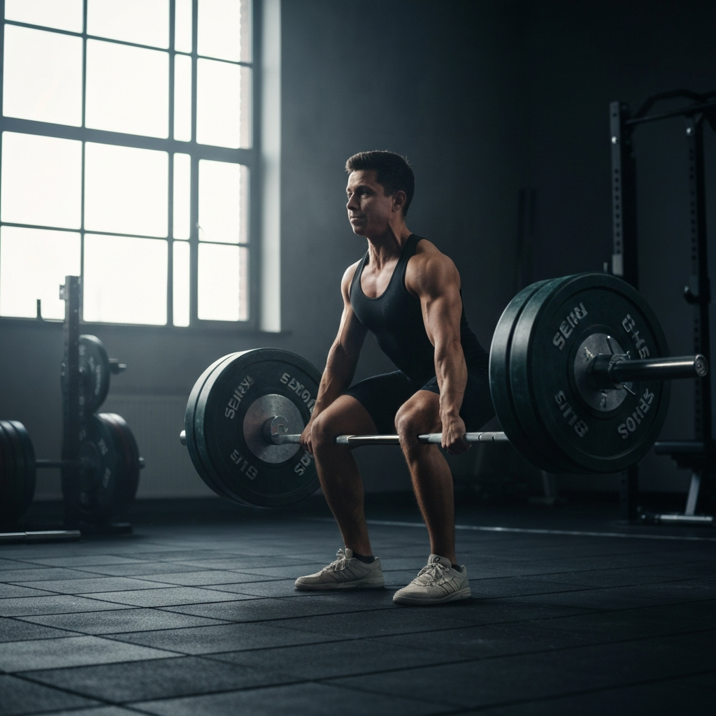 A weightlifter in a gym, performing a deadlift with perfect form. The barbell is heavily loaded with plates. The lighting emphasizes the lifter's muscular definition.