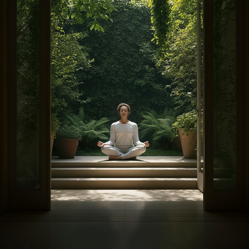 A person meditating in a tranquil garden, surrounded by lush greenery. Soft, diffused sunlight creates a peaceful and calming atmosphere.