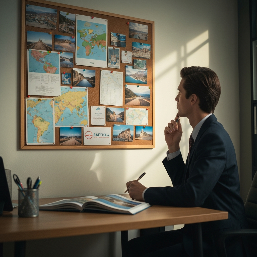 A well-lit home office with a corkboard covered in travel photos, maps, and airline/hotel logos. Soft bokeh on a travel book lying open on a desk. A person, professionally dressed, sits at the desk, thoughtfully looking at the board, pen in hand.