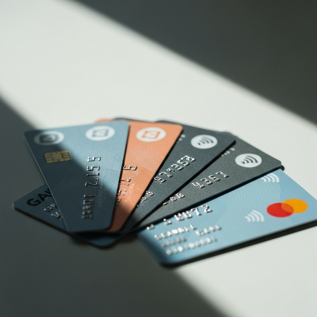 A close-up of several credit cards fanned out on a table, illuminated by natural window light. Focus is on the embossed logos and security features. Cards are clean and show minimal wear.