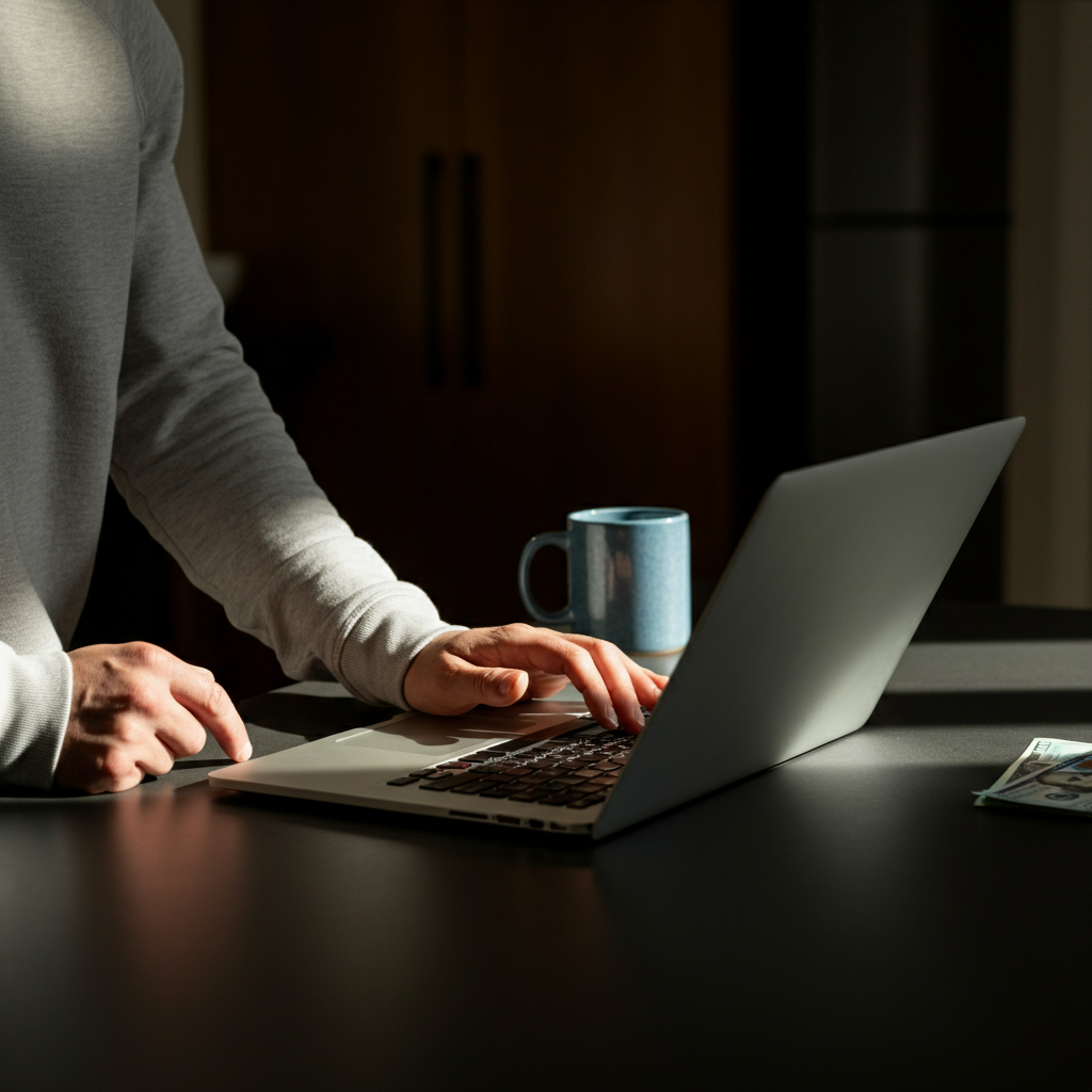 A person using a laptop at a modern kitchen counter, bathed in soft morning light. They are entering credit card information for an online purchase. A coffee mug and a small stack of bills are nearby.