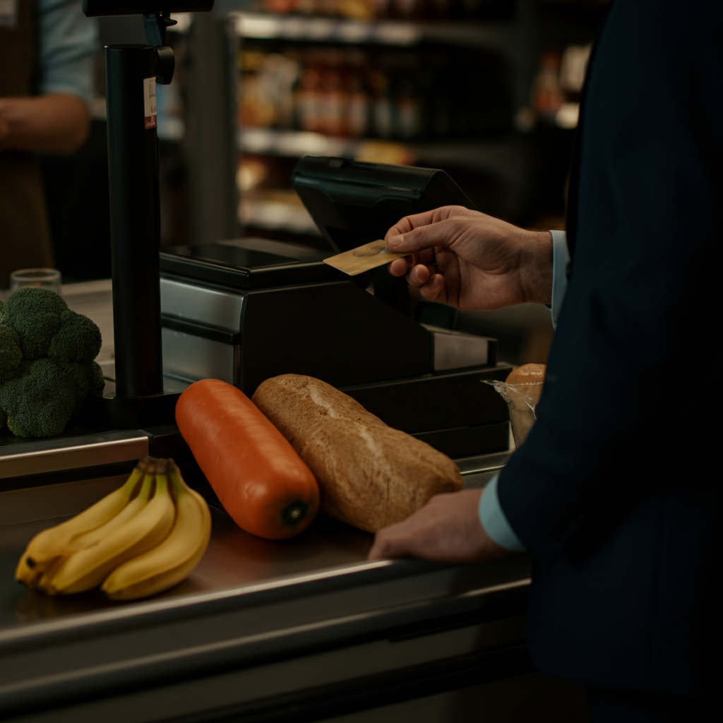 A grocery store checkout counter. Soft focus on the groceries being scanned, with the person handing over a credit card to the cashier. The scene is warmly lit and inviting.
