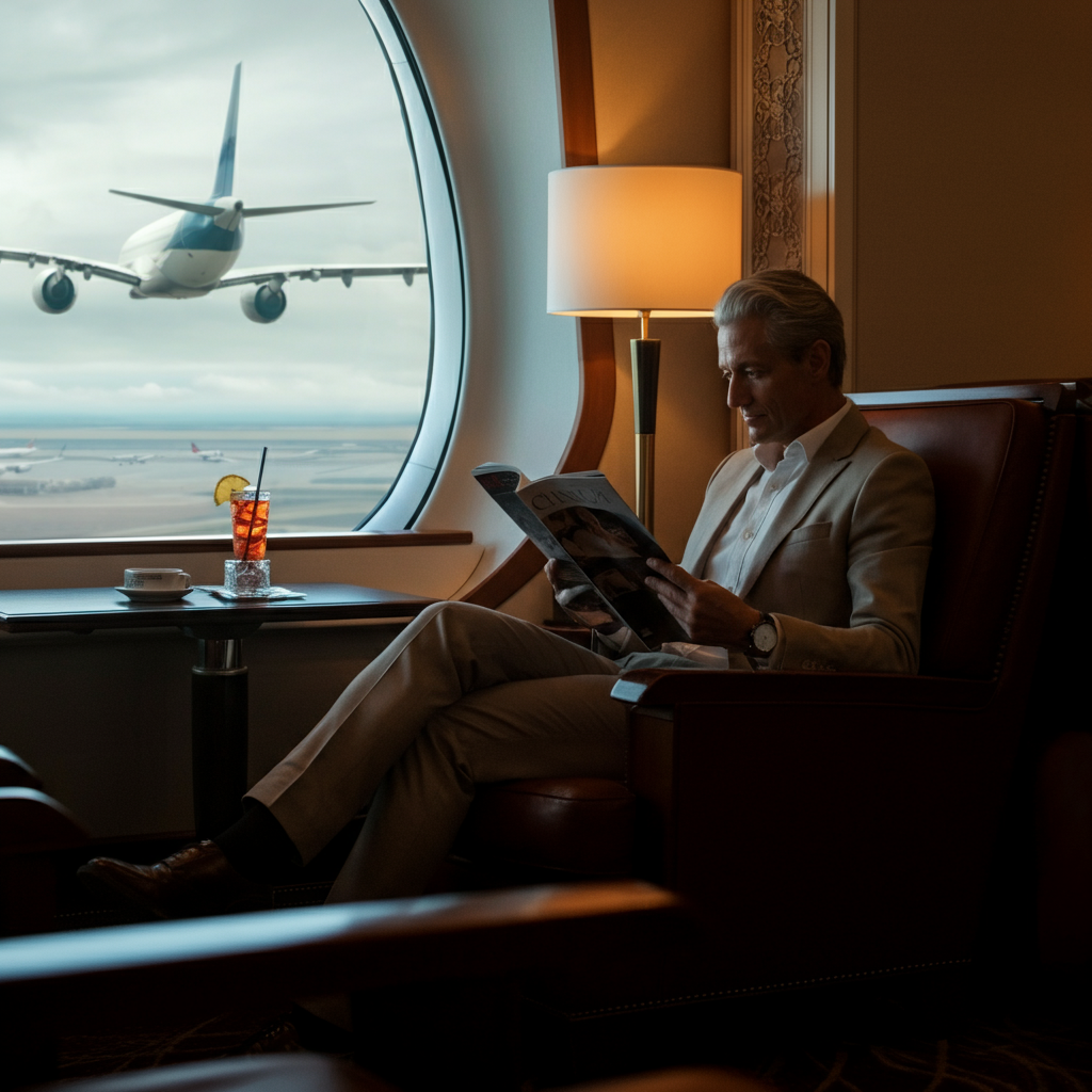 A person sitting in a comfortable airline lounge, reading a magazine and sipping a drink. The lounge has large windows with a view of airplanes taking off. The scene is brightly lit and upscale.