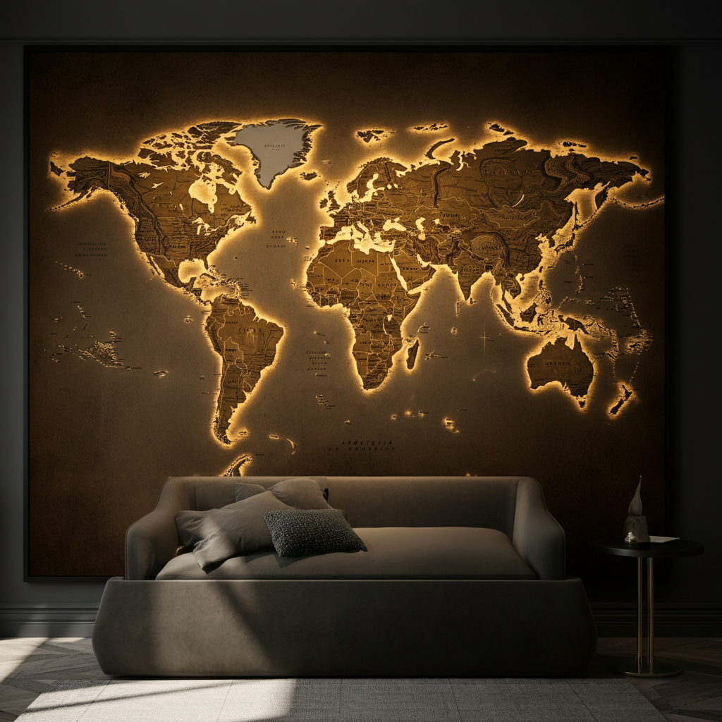 A world map on a wall, side-lit with a warm glow. Pins mark different locations around the globe. The map is textured and aged, suggesting exploration and adventure.