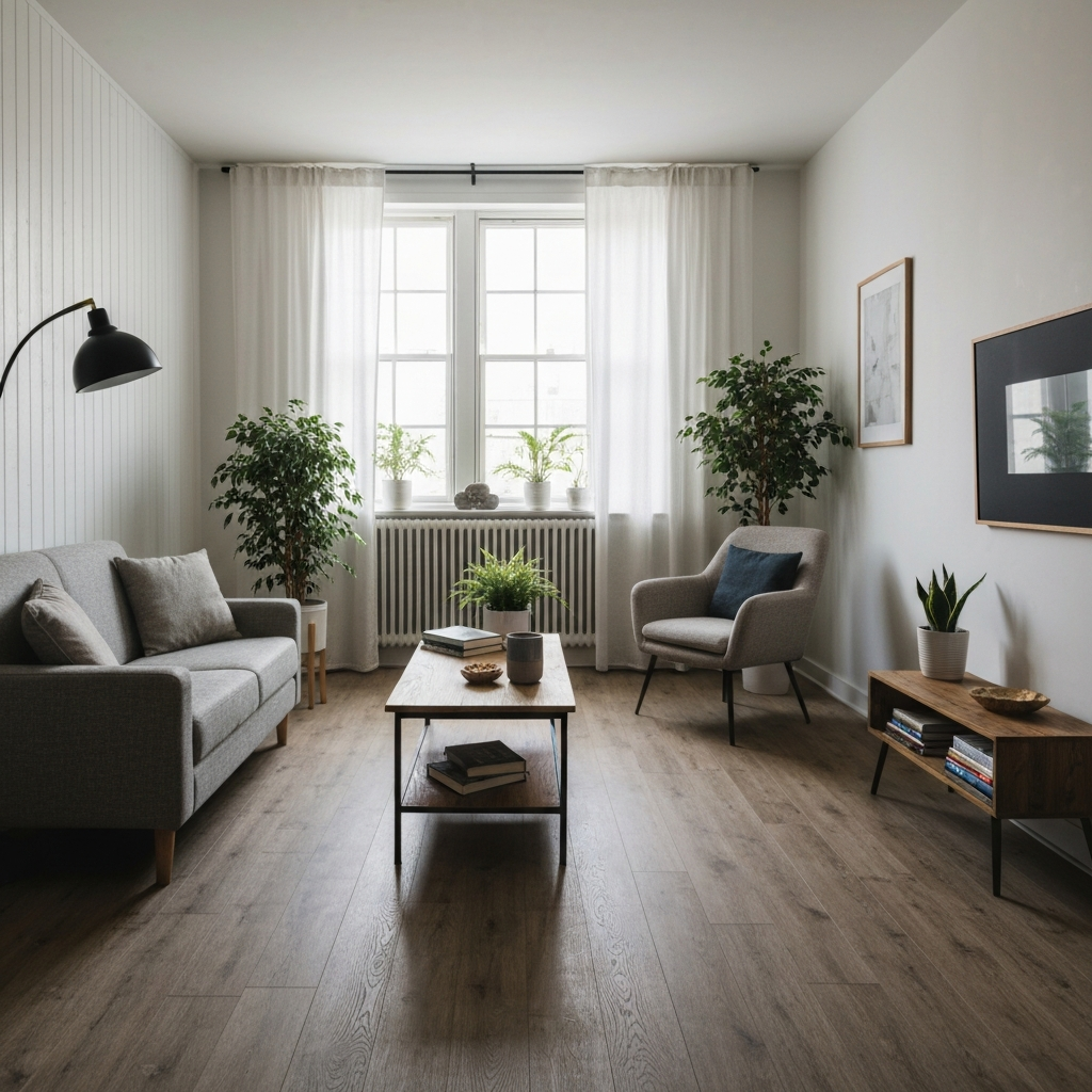 A cozy, well-decorated Airbnb living room, featuring comfortable furniture, plants, and natural light streaming through the window. The room has a welcoming and homey atmosphere.