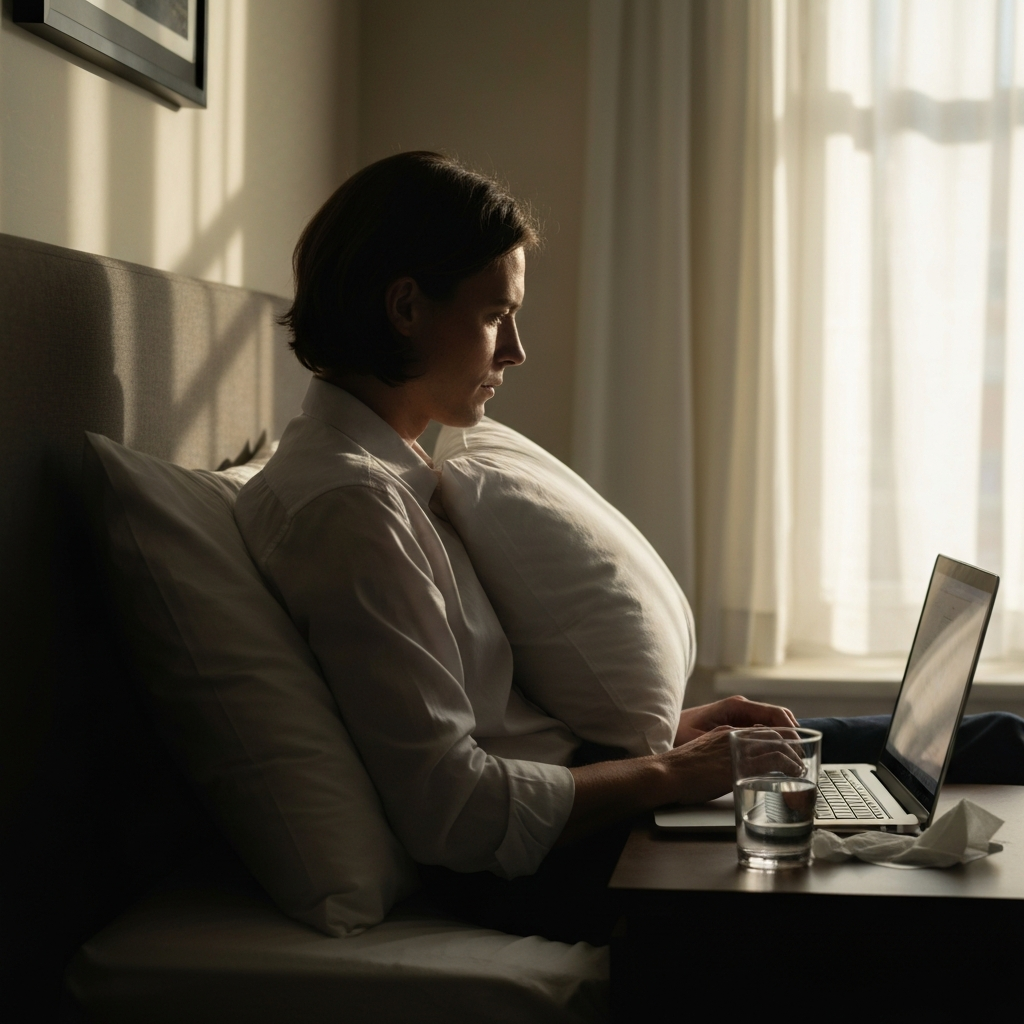 A person working on a laptop in bed, propped up with pillows. A glass of water and tissues are on the nightstand. Soft, natural light is coming from a nearby window, casting a warm glow on the scene.