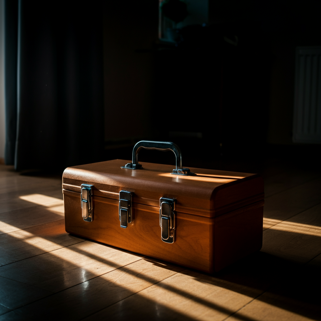 A close-up of a toolbox sitting on a wooden floor. Sunlight streams through a window, highlighting the textures of the wood and metal. The background is slightly blurred to create a sense of depth.